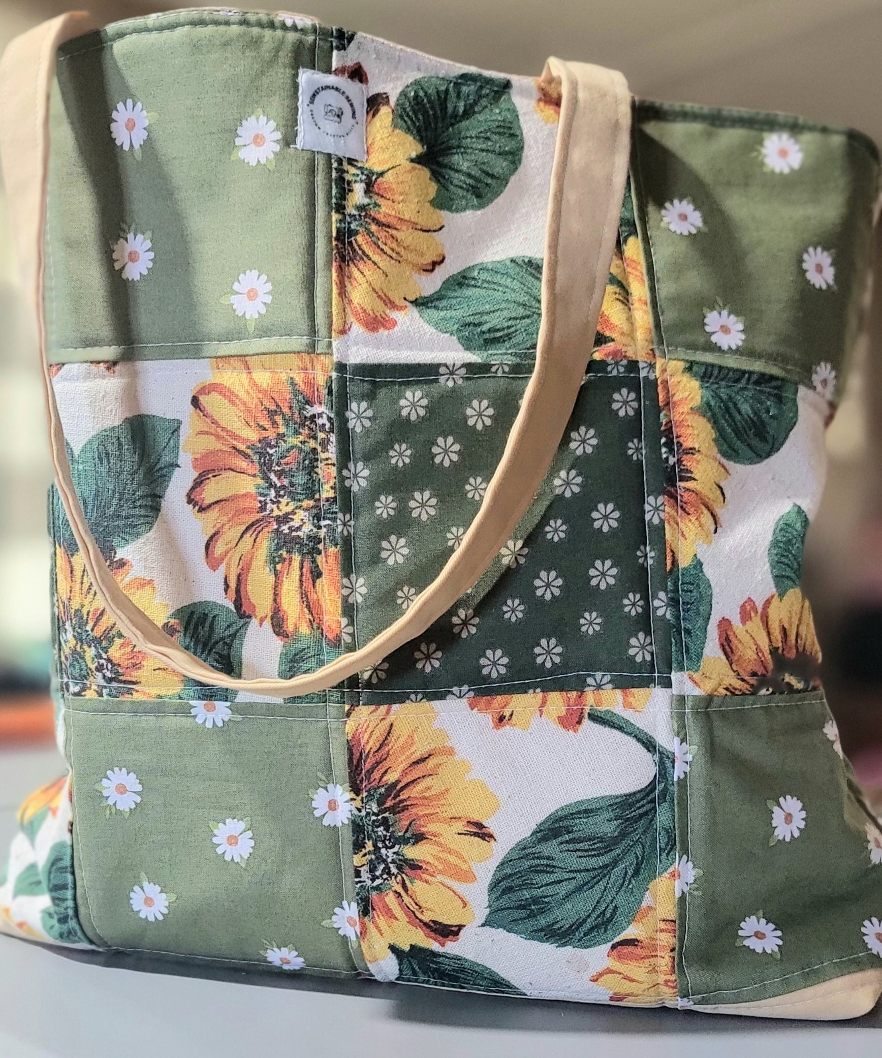 Sunflower patchwork tote bag